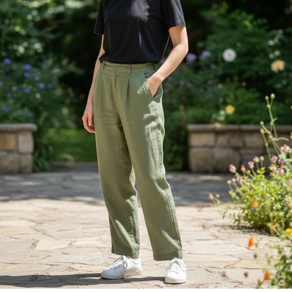 Rae Mode Women XL Olive Green Linen Blend Wide Leg Pleated Trousers P6237